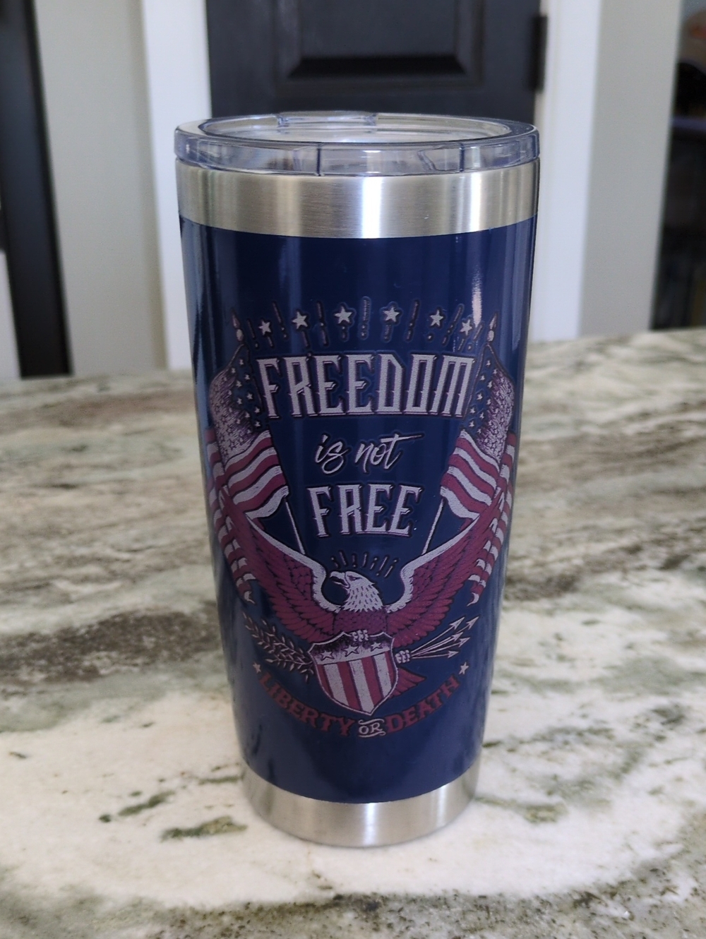 Navy Blue Patriotic Travel Tumbler America 250 Freedom Is Not Free